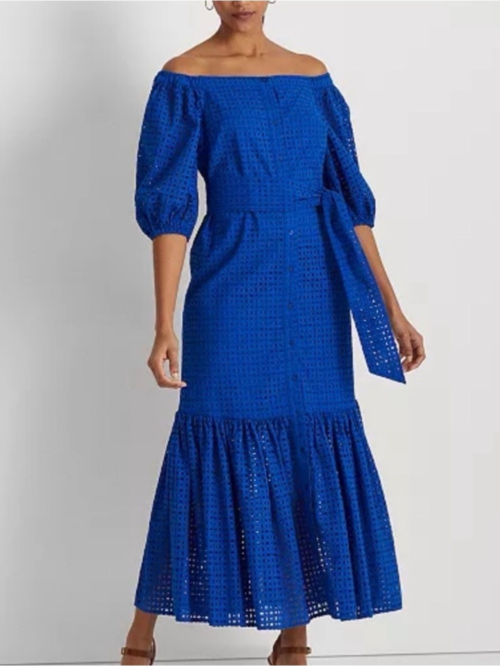 LAUREN RALPH LAUREN Blue Button Tie Waist Eyelet Lined Dress America Preppy 2